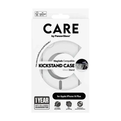 CARE by PanzerGlass Case Feature  |  Back protection  |  Apple  |  iPhone 16 Plus  |  Recycled plastic  |  Silver  |  Kickstand & MagSafe