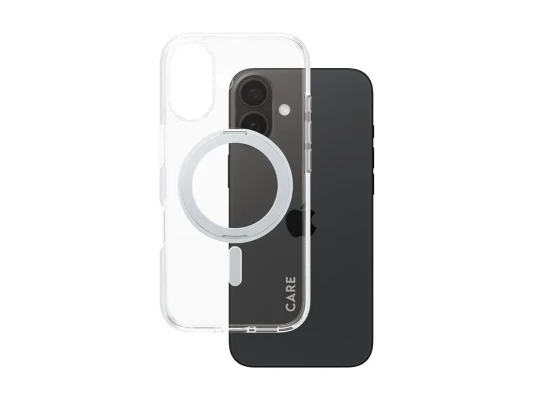 CARE Feature Case  |  Back cover  |  Apple  |  iPhone 16  |  Recycled plastic  |  Silver  |  Kickstand & MagSafe
