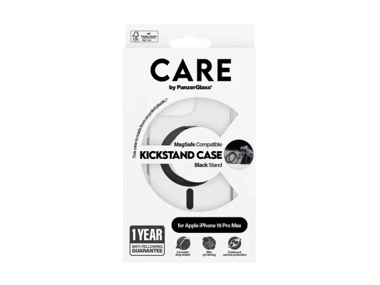 CARE by PanzerGlassFeature Case Transparent w. Black Kickstand & MagSafe iPhone 16 Pro Max  |  CARE
