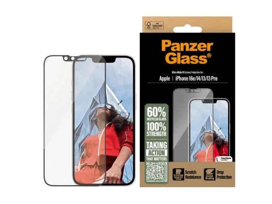 PanzerGlass ekrāna aizsargs  |  Apple  |  iPhone 13 / iPhone 13 Pro / iPhone 14 / iPhone 16e  |  Stikls  |  Caurspīdīgs  |  Ultra-plaša saderība ar izlīdzinātāju