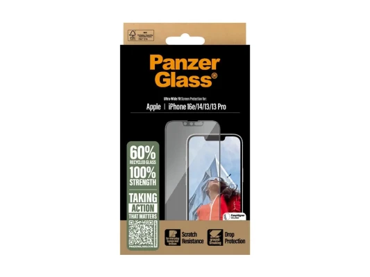 PanzerGlass ekrāna aizsargs  |  Apple  |  iPhone 13 / iPhone 13 Pro / iPhone 14 / iPhone 16e  |  Stikls  |  Caurspīdīgs  |  Ultra-plaša saderība ar izlīdzinātāju