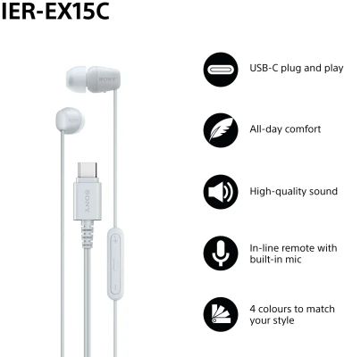 Sony Austiņas  |  IER‑EX15C  |  Vadu  |  Iekšējā  |  Mikrofons  |  Balta