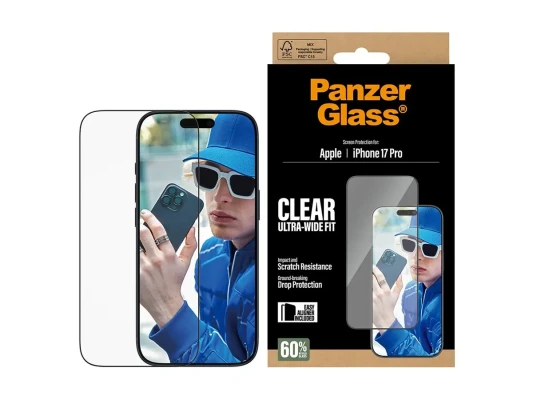 PanzerGlass ekrāna aizsargs  |  Apple  |  iPhone 17 Pro  |  Stikls  |  Caurspīdīgs  |  Ultra-Wide Fit ar EasyAligner