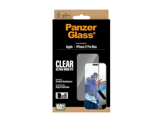 PanzerGlass ekrāna aizsargs  |  Apple  |  iPhone 17 Pro Max  |  Stikls  |  Caurspīdīgs  |  Ultra-Wide Fit ar EasyAligner