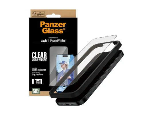 PanzerGlass ekrāna aizsargs  |  Apple  |  iPhone 16 Pro / iPhone 17  |  Stikls  |  Caurspīdīgs  |  Ultra-Wide Fit ar EasyAligner