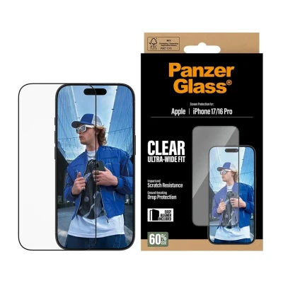 PanzerGlass ekrāna aizsargs  |  Apple  |  iPhone 16 Pro / iPhone 17  |  Stikls  |  Caurspīdīgs  |  Ultra-Wide Fit ar EasyAligner