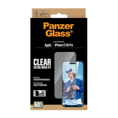PanzerGlass ekrāna aizsargs  |  Apple  |  iPhone 16 Pro / iPhone 17  |  Stikls  |  Caurspīdīgs  |  Ultra-Wide Fit ar EasyAligner