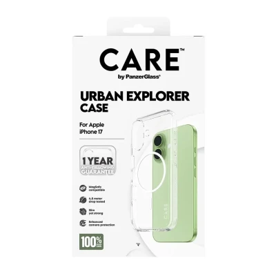 PanzerGlass Flagship Case  |  Back cover  |  Apple  |  iPhone 17  |  Recycled plastic  |  Transparent  |  Urban Explorer w. White MagSafe