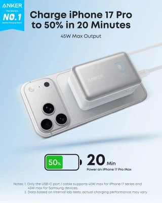 Anker Nano Power Bank 45W with Built-In Retractable USB-C Cable  |  A1638H21  |  10000 mAh  |  White