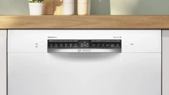 Bosch Dishwasher  |  SMU4HMW02S  |  Built-in  |  Width 60 cm  |  Number of place settings 14  |  Number of programs 6  |  Energy efficiency class D  |  Display  |  AquaStop function  |  White
