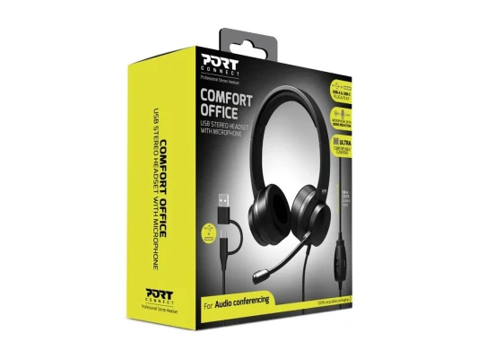 PORT CONNECT  |  USB Ērta stereo biroja mikrofona austiņas  |  Iebūvēts mikrofons  |  Vadu  |  Melna