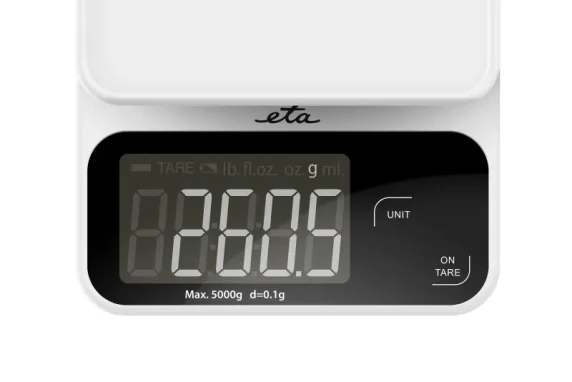 ETA Kitchen Scale  |  Popi 677090000  |  Maximum weight (capacity) 5 kg  |  Graduation 1 g  |  Display type LCD  |  White