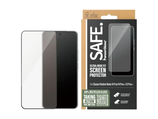 PanzerGlass SAFE  |  Ekrāna aizsargstikls Xiaomi Redmi Note 14 Pro  /  14 Pro+  /  13 Pro+  |  Rūdīts stikls  |  Ultra-Wide Fit