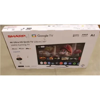 SALE OUT. Sharp 50HR7265E 50" (126cm) QLED 144Hz 4K Ultra HD Google TV, Dolby Vision, Dolby Atmos, Central Stand  |  Sharp 50HR7265E  |  50  |  Smart TV  |  Google TV  |  Black  |  DAMAGED PACKAGING