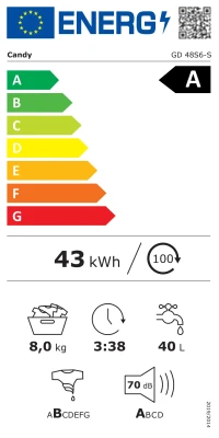 Candy GD 48S6-S Washing Machine  |  8 kg  |  1400 RPM  |  Depth 53.3 cm  |  Energy Class A  |  White