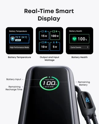 Anker Zolo Powerbank  |  A1695H11  |  25000 mAh  |  Iebūvēts USB-C un izvelkams kabelis  |  Pelēks