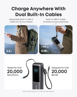Anker Zolo Powerbank  |  A1695H11  |  25000 mAh  |  Iebūvēts USB-C un izvelkams kabelis  |  Pelēks