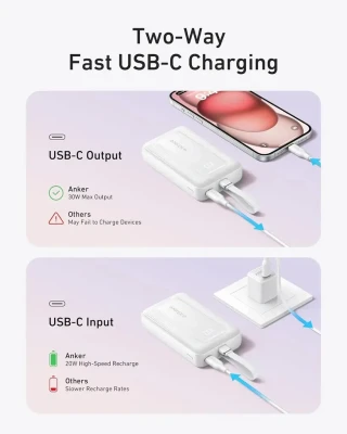 Anker Power Bank, Встроенный USB-C кабель, 30W  |  A1688H21  |  10000 мАч  |  Белый