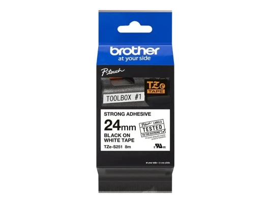 Brother  |  TZe-S251 Strong Adhesive Laminated Tape  |  Black on White  |  TZe  |  8 m  |  2.4 cm