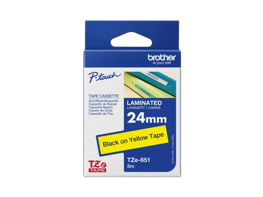 Brother  |  TZe-651 Laminated Tape  |  Black On Yellow  |  TZe  |  8 m  |  2.4 cm
