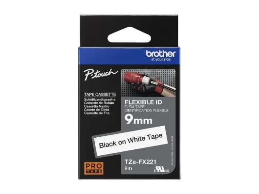 Brother  |  TZe-FX221 Flexible ID Laminated Tape  |  Black on White  |  TZe  |  8 m  |  0.9 cm