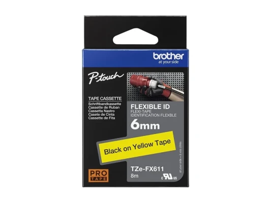 Brother  |  TZe-FX611 Гибкая ID Ламинированная лента  |  Черный на Желтом  |  TZe  |  8 м  |  6 см