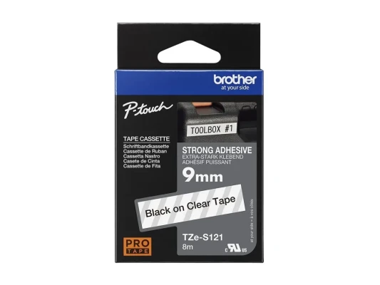 Brother  |  TZe-S121 Strong Adhesive Laminated Tape  |  Black on Clear  |  TZe  |  8 m  |  9 cm