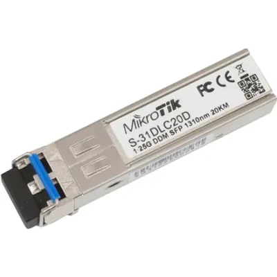 MikroTik  |  S-31DLC20D  |  SFP  |  Single-Mode Fiber  |  Dual LC  |  10 / 100 / 1000 Mbit / s  |  Wavelength 1310 nm  |  Maximum transfer distance 20000 m  |  -40 to +70C