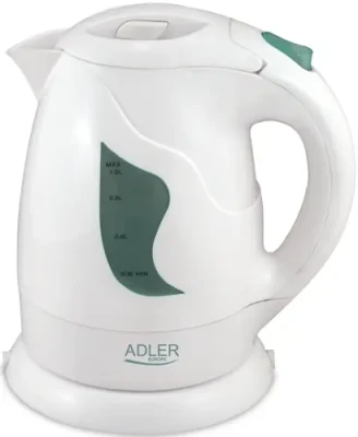 Adler  |  Tējkanna  |  AD 08  |  Standarts  |  850 W  |  1 L  |  Plastmasa  |  360° rotējoša pamatne  |  Balta