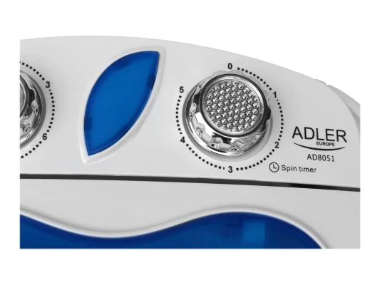 Adler  |  Washing machine  |  AD 8051  |  Top loading  |  Washing capacity 3 kg  |  Unspecified RPM  |  Depth 37 cm  |  Width 38 cm  |  White / Blue