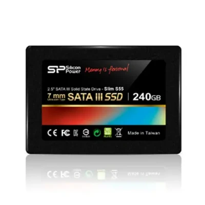 Silicon Power  |  Slim S55  |  240 GB  |  SSD SATA interfeiss  |  Lasīšanas ātrums 550 MB / s  |  Rakstīšanas ātrums 450 MB / s
