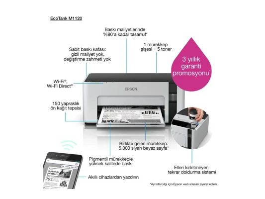 Epson EcoTank M1120  |  Inkjet  |  Mono  |  Standard  |  Wi-Fi  |  Grey