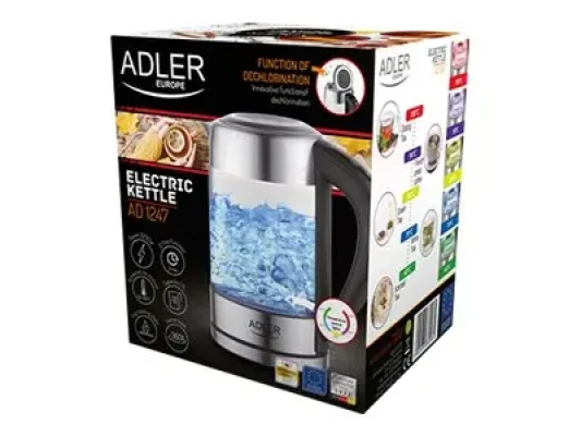 Adler  |  Kettle  |  AD 1247 NEW  |  With electronic control  |  1850 - 2200 W  |  1.7 L  |  Stainless steel, glass  |  360° rotational base  |  Stainless steel / Transparent