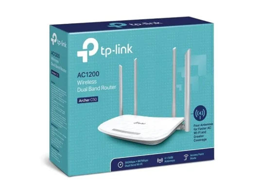 Router  |  Archer C50  |  802.11ac  |  300+867 Mbit / s  |  10 / 100 Mbit / s  |  Ethernet LAN (RJ-45) ports 4  |  Mesh Support No  |  MU-MiMO No  |  No mobile broadband  |  Antenna type 2xExternal