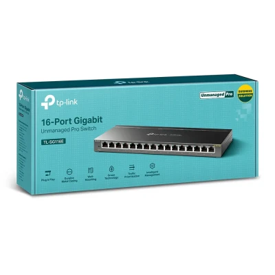 TP-LINK  |  Switch  |  TL-SG116E  |  Web managed  |  Wall mountable  |  Gigabit Ethernet (copper) ports quantity 16  |  Power supply type External  |  36 month(s)