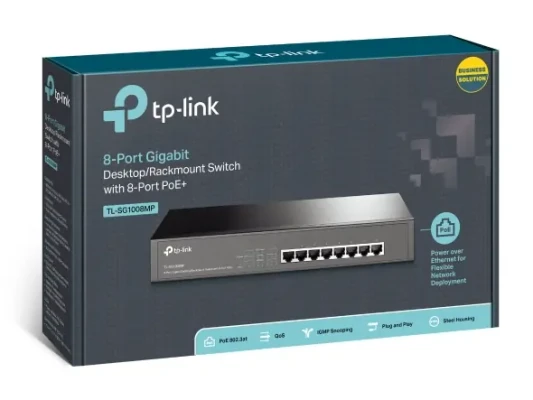 TP-LINK  |  Switch  |  TL-SG1008MP  |  Unmanaged  |  Desktop / Rackmountable  |  Gigabit Ethernet (copper) ports quantity 8  |  PoE+ ports quantity 8  |  Power supply type Single  |  36 month(s)