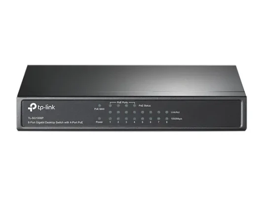 TP-LINK  |  Switch  |  TL-SG1008P  |  Unmanaged  |  Desktop  |  Gigabit Ethernet (copper) ports quantity 8  |  Power over Ethernet (PoE) ports quantity 4  |  Power supply type External  |  36 month(s)