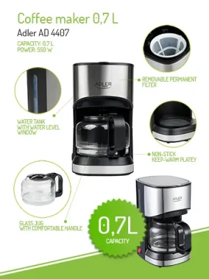 Adler  |  Coffee maker  |  AD 4407  |  Drip  |  550 W  |  Black