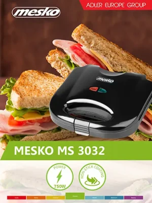 Mesko  |  Sviestmaizes cepējs  |  MS 3032  |  750 W  |  Plākšņu skaits 1  |  Konditorejas izstrādājumu skaits 2  |  Melns