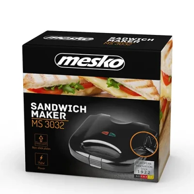 Mesko  |  Sviestmaizes cepējs  |  MS 3032  |  750 W  |  Plākšņu skaits 1  |  Konditorejas izstrādājumu skaits 2  |  Melns