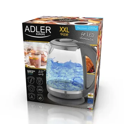 Adler  |  Kettle  |  AD 1286  |  Standard  |  2200 W  |  2 L  |  Plastic / Glass  |  360° rotational base  |  Grey /  transparent