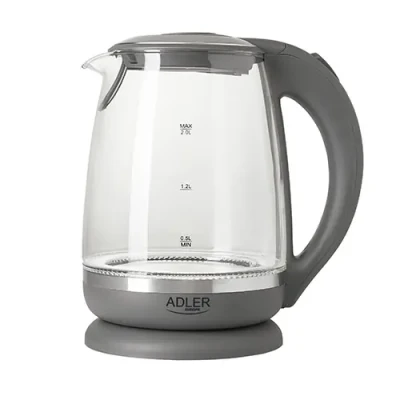 Adler  |  Kettle  |  AD 1286  |  Standard  |  2200 W  |  2 L  |  Plastic / Glass  |  360° rotational base  |  Grey /  transparent