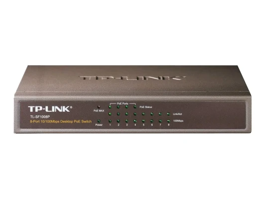TP-LINK  |  Switch  |  TL-SF1008P  |  Unmanaged  |  Desktop  |  10 / 100 Mbps (RJ-45) ports quantity 8  |  Power over Ethernet (PoE) ports quantity 4  |  Power supply type External  |  36 month(s)