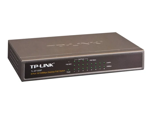 TP-LINK  |  Switch  |  TL-SF1008P  |  Unmanaged  |  Desktop  |  10 / 100 Mbps (RJ-45) ports quantity 8  |  Power over Ethernet (PoE) ports quantity 4  |  Power supply type External  |  36 month(s)