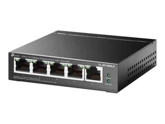 TP-LINK  |  Slēdzis  |  TL-SF1005LP  |  Nevadāms  |  Galda  |  10 / 100 Mbps (RJ-45) portu skaits 5  |  Barošana pa Ethernet (PoE) portu skaits 4  |  Barošanas avota tips Ārējais