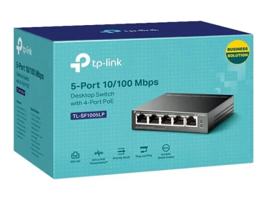 TP-LINK  |  Slēdzis  |  TL-SF1005LP  |  Nevadāms  |  Galda  |  10 / 100 Mbps (RJ-45) portu skaits 5  |  Barošana pa Ethernet (PoE) portu skaits 4  |  Barošanas avota tips Ārējais
