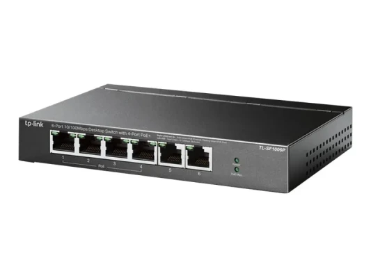 TP-LINK  |  Switch  |  TL-SF1006P  |  Unmanaged  |  Desktop  |  10 / 100 Mbps (RJ-45) ports quantity 6  |  PoE+ ports quantity 4  |  Power supply type External