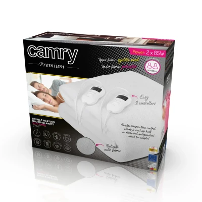 Camry  |  Electirc heating under-blanket with timer  |  CR 7421  |  Number of heating levels 5  |  Number of persons 2  |  Washable  |  Remote control  |  Syntetic wood  |  2 x 60 W  |  White