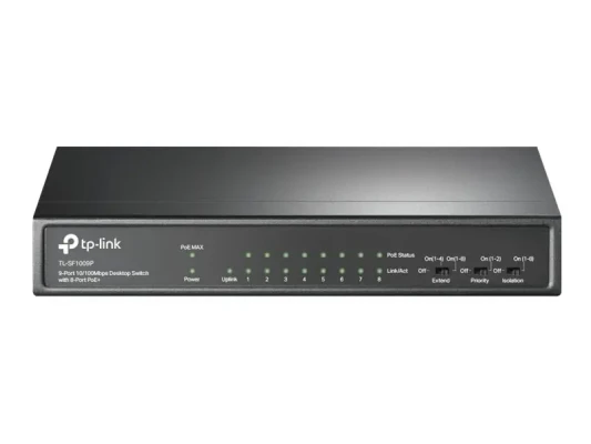 TP-LINK  |  Switch  |  TL-SF1009P  |  Unmanaged  |  Desktop  |  10 / 100 Mbps (RJ-45) ports quantity 9  |  PoE+ ports quantity 8  |  Power supply type External
