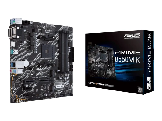 Asus  |  PRIME B550M-K  |  Procesora ģimene AMD  |  Procesora sokets AM4  |  DDR4  |  Atmiņas slots 4  |  Čipsets AMD B  |  Micro ATX